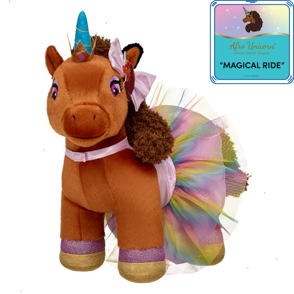 Unique Afro Unicorn® Plush with Dress, Bow & “Magical Ride” Song